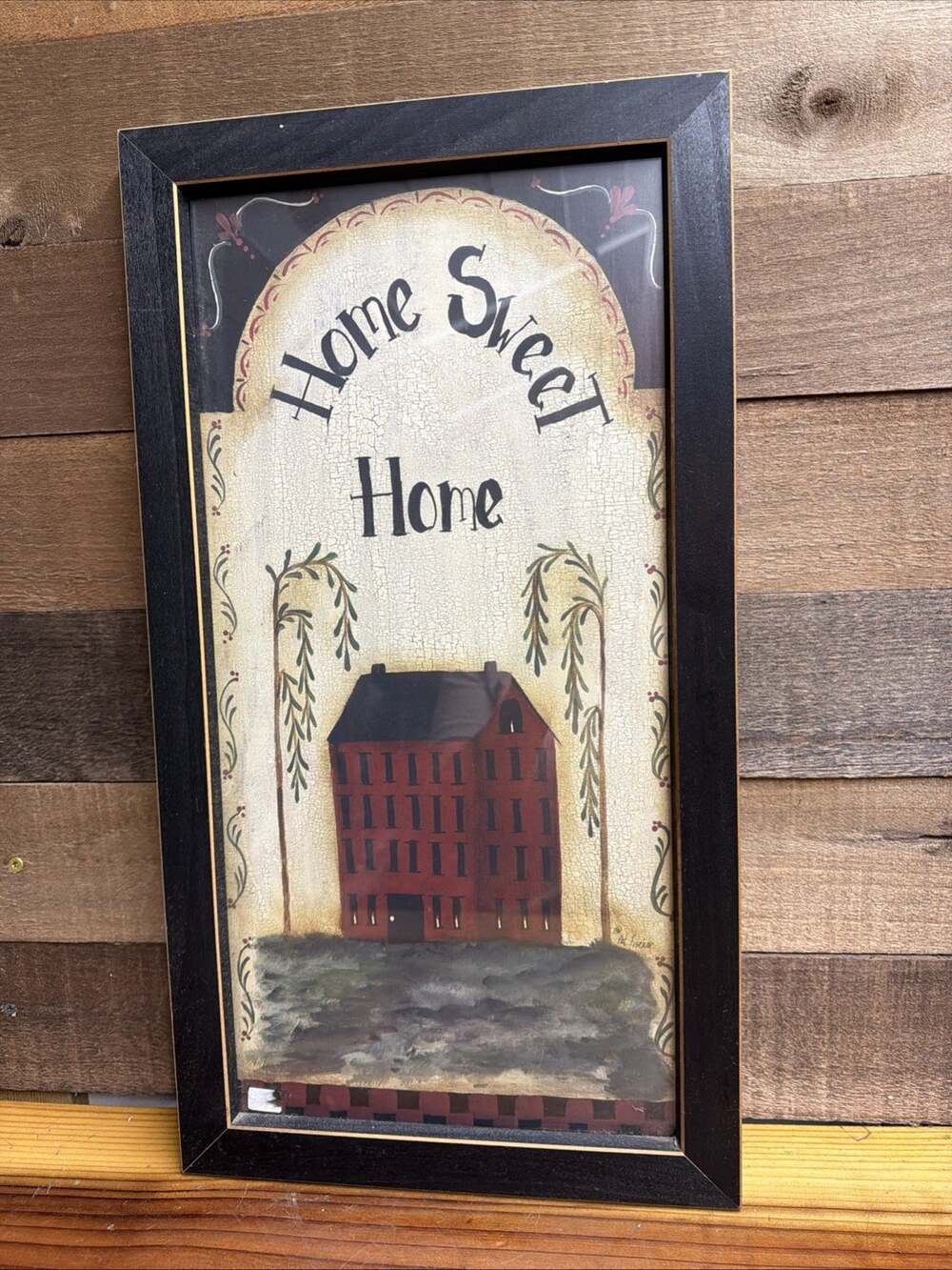Pat Fischer Primitive Folk Art Home Sweet Home Framed Picture 22x12